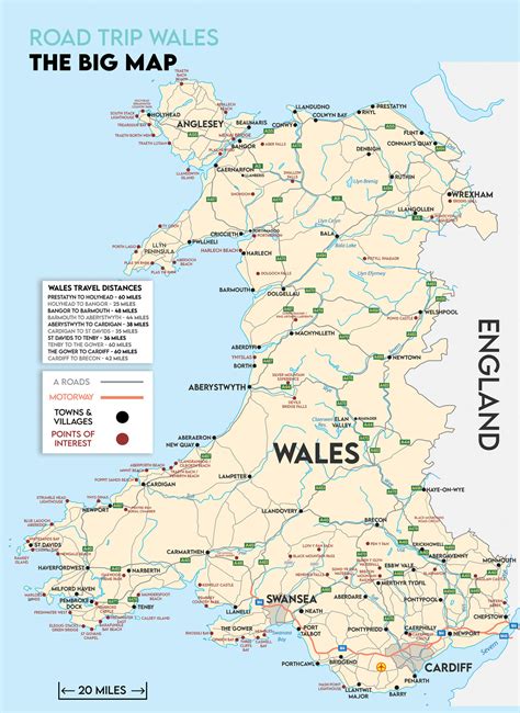 Road Trip Wales Map - Wales Road Map A2 Foldable Splash Proof