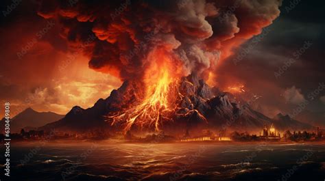 Volcano eruption with lava flow in dark Stock Illustration | Adobe Stock