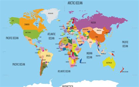 Labeled World Map with Oceans and Continents