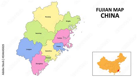 Fujian Map of China. State and district map of Fujian. Detailed ...