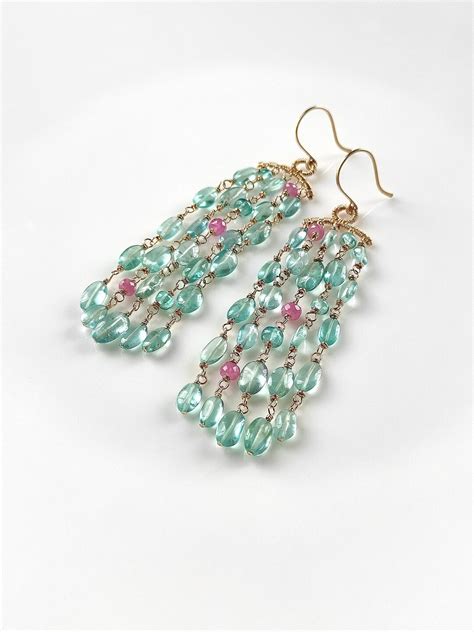 Gemstone Earrings / Handmade Earrings / Green Apatite, Pink Sapphire ...