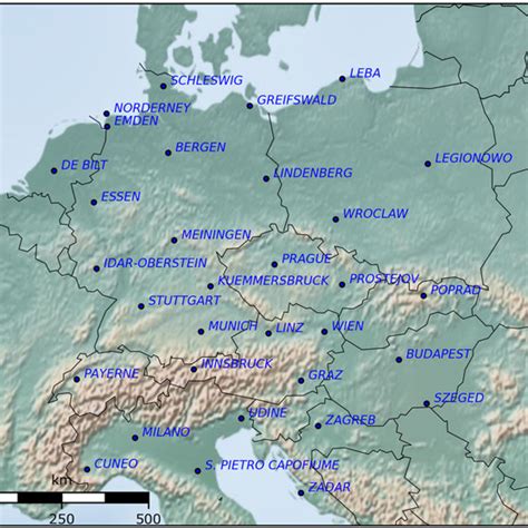 Terrain map of central Europe. Blue dots represent the locations of the ...