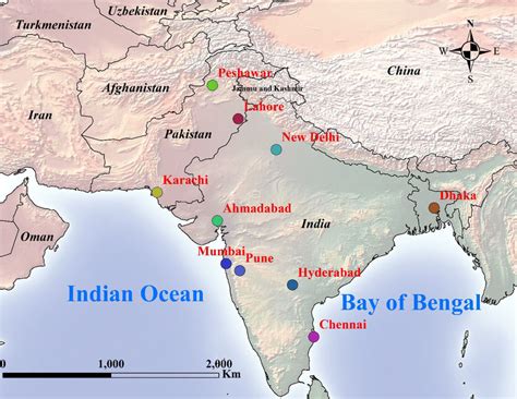 The geographic location of the selected major cities in South Asia ...