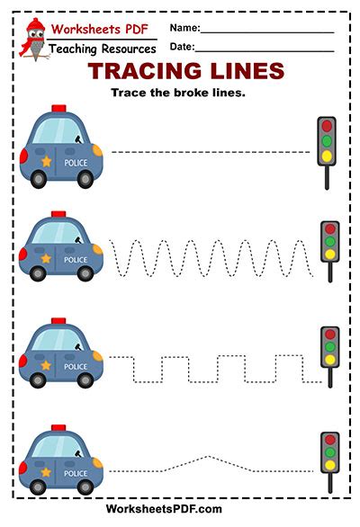 Police Car - Tracing Lines - Worksheets PDF