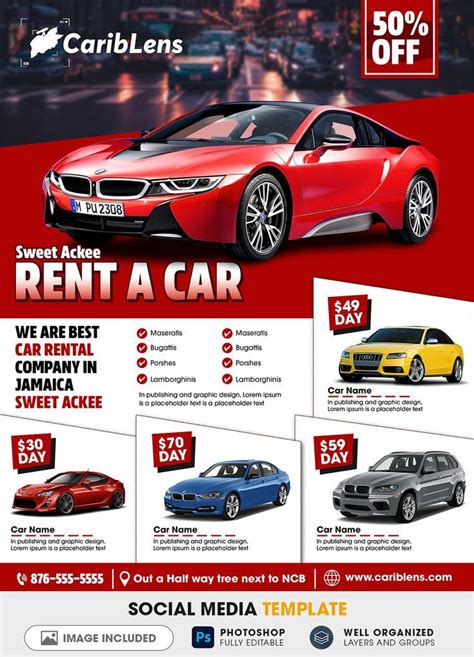 Car rental flyer and social media post free template download