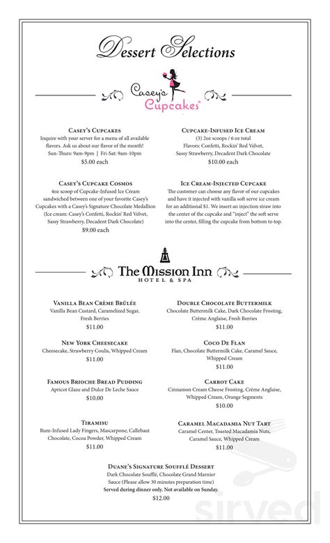 The Mission Inn Restaurant menu in Riverside, California, USA