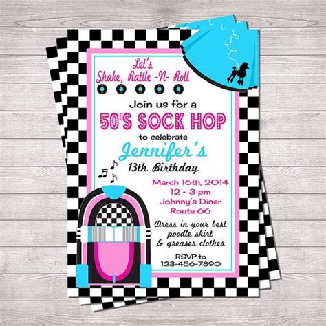 50's Sock Hop Invitation Pink and Blue | Printable 5" x 7" | Customized ...