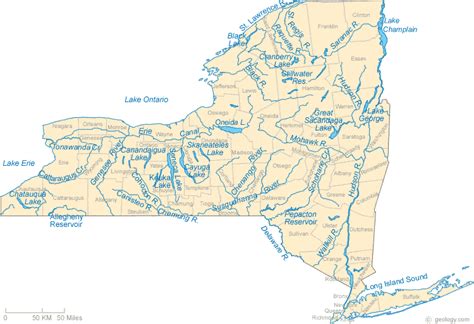 Map of New York Lakes, Streams and Rivers