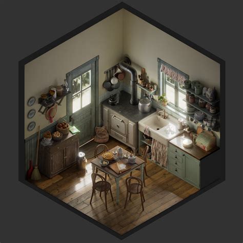 Vintage kitchen - Isometric by Jose Olmedo. | 3d 아트, 3d 아트 드로잉, 방 그림