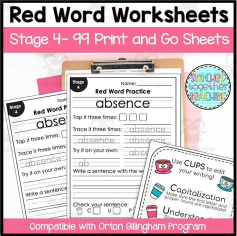 Stage 2 OG Red Word Worksheets- Orton Gillingham Print and Go Sight ...