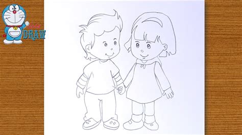 drawing a children holding hands pencil sketch||step by step||outline ...