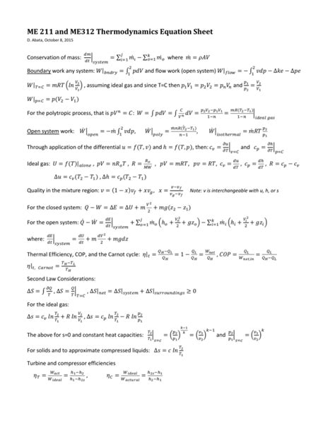 ME 211 and ME312 Thermodynamics Equation Sheet