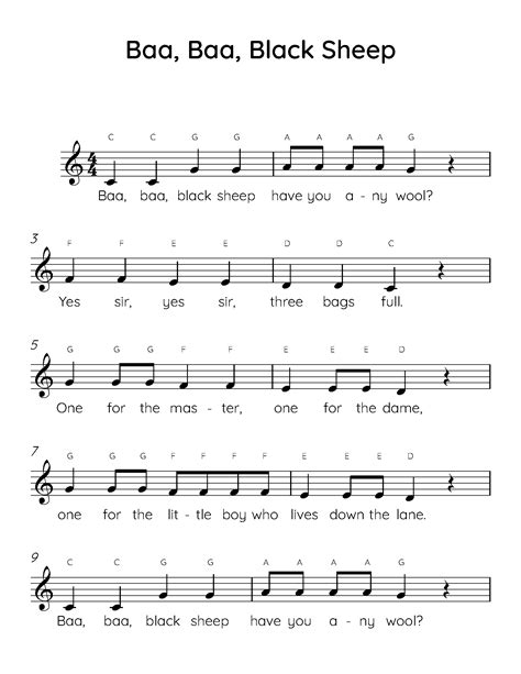 Baa Baa Black Sheep Easy Piano Sheet Music