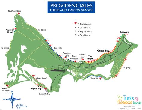 Map of Providenciales showing beaches and beach access | Turks and ...