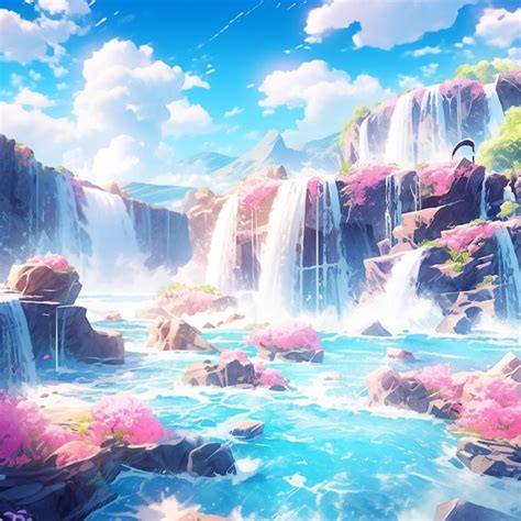 Anime scenery of a waterfall with pink flowers and rocks generative ai ...