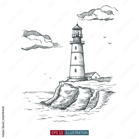 Hand drawn lighthouse. Template for your design works. Engraved style ...