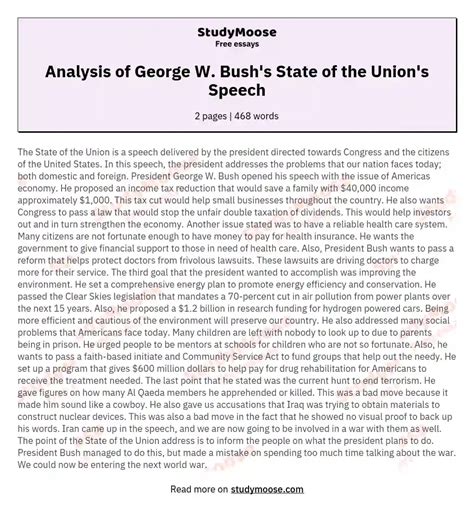 Analysis of George W. Bush's State of the Union's Speech Free Essay Example