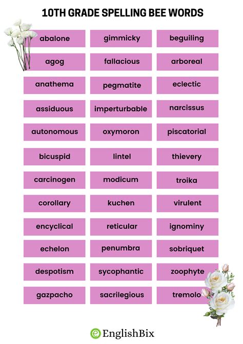 10th Grade Spelling Bee Words List - EnglishBix