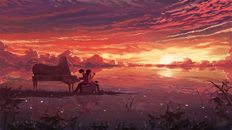 Anime Couple Playing The Piano And Watching The Sunset Live Wallpaper ...