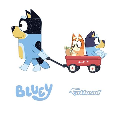 a cartoon dog pulling two dogs in a wagon with the word bluey on it