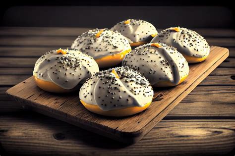 Premium AI Image | Golden baked poppy seed buns with white glaze on ...