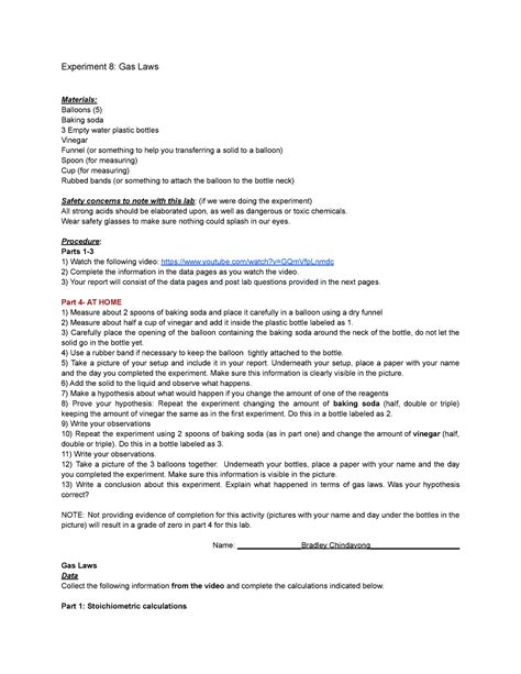 Experiment 8 Gas Laws - Experiment 8: Gas Laws Materials: Balloons (5 ...