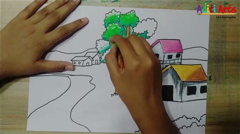 Scenery Drawing | Landscape Drawing | Village Drawing | Adit Arts - YouTube