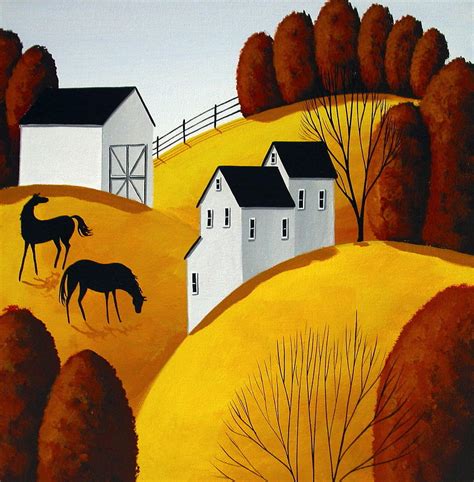 I heard something - horse folk art country landscape Painting by Debbie ...