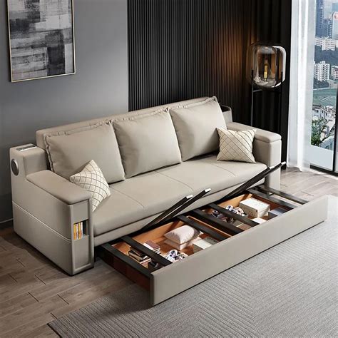 Full Size Gray Upholstered Air Leather Sofa Bed 82.7" with Storage and ...