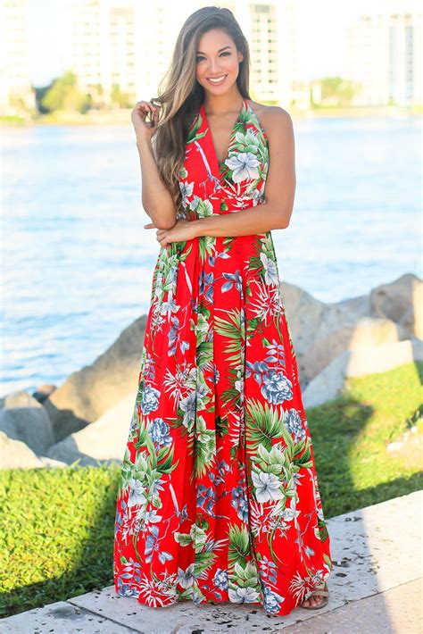 Red Tropical Halter Neck Maxi Dress | Womens maxi dresses, Womens ...