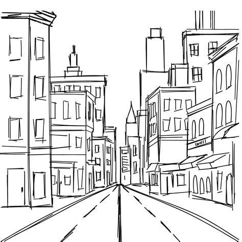 Sketch street square composition. Hand drawn sketch street in city ...