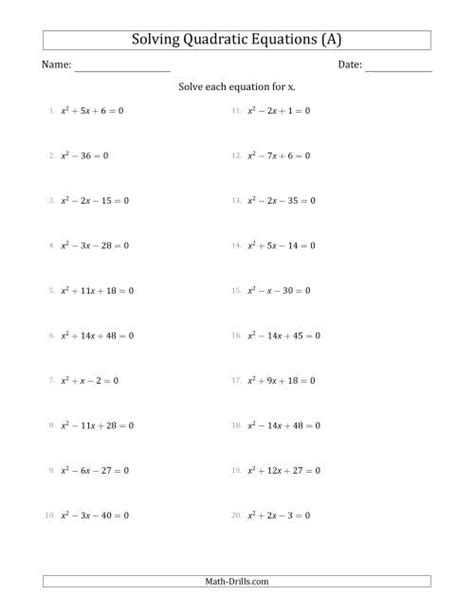 Solving Quadratic Equations for x with "a" Coefficients of 1 (Equations ...