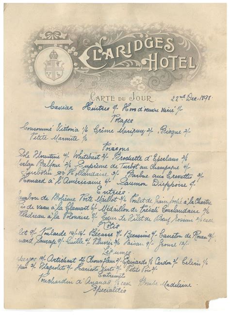 Claridge's, 1898 Vintage hand-written menu, Classic London Hotel ...