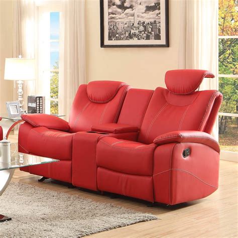 Talbot Red Bonded Leather Double Glider Reclining Loveseat w/Console ...