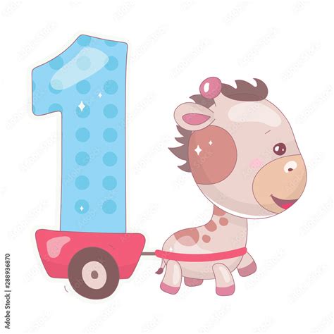 Cute one number with baby giraffe cartoon illustration. School math ...