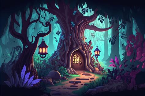 Premium Photo | Background mystical forest illustration, cartoon style ...