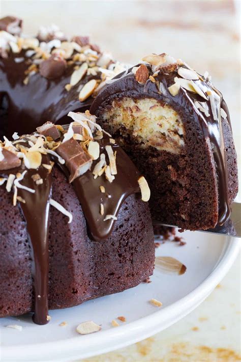 Almond Joy Candy Bar Filled Chocolate Bundt Cake - Taste and Tell