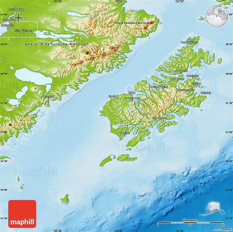 Physical Map of Kodiak Island Borough