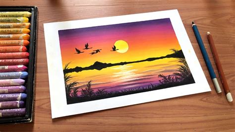 Vibrant Sunset lake landscape painting with Oil Pastels | How to paint ...