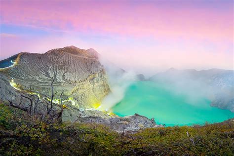 Ijen Crater in Java, Indonesia is the largest acidic lake in the world ...