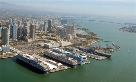 Aerial view of the Port of San Diego with three cruise ships in Port ...