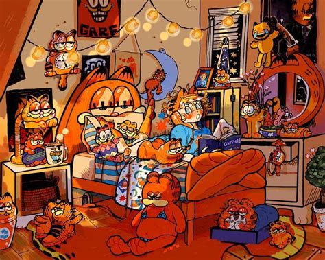 an image of a bedroom scene with garfield the cat on the bed and other ...