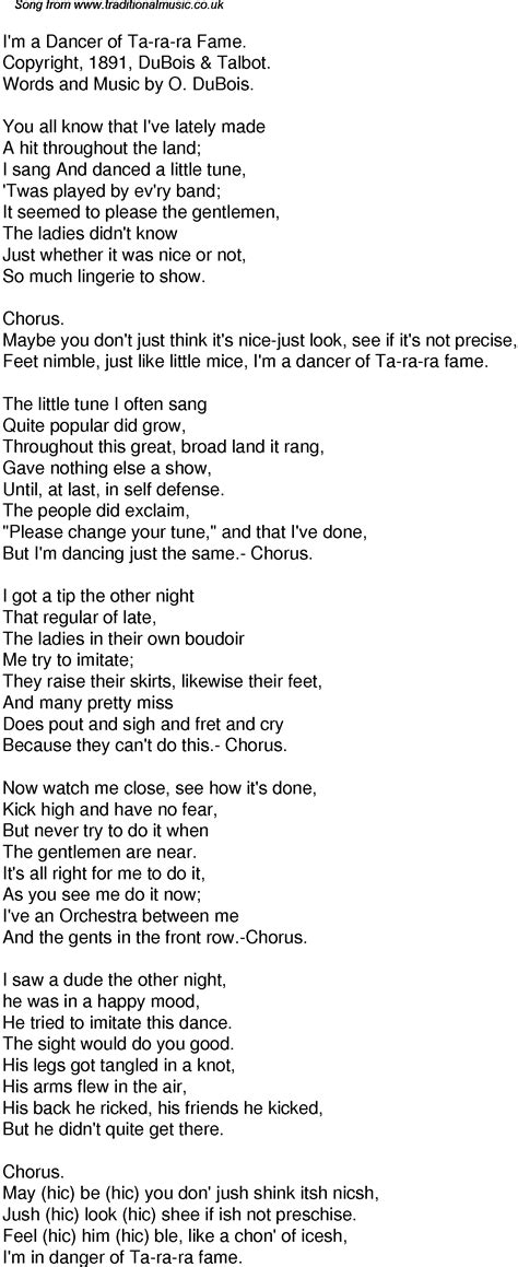 Old Time Song Lyrics for 43 I'm A Dancer Of Ta Ra Ra Fame