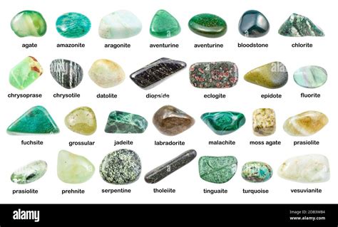 set of various green gemstones with names (chrysotile, chlorite ...