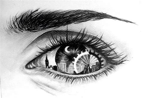 Eye with skyline & Ferris wheel pupil art | Cool drawings, Eye drawing ...