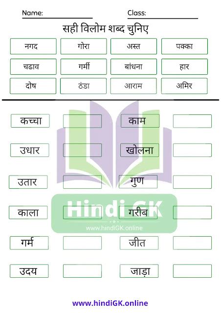 Vilom Shabd In Hindi For Class 4 Worksheets | विलोम शब्द कक्षा 4