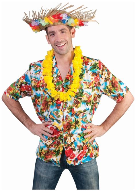 a man wearing a hawaiian shirt and flower lei standing with his hands ...