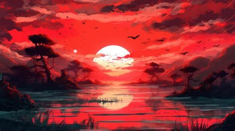 Premium AI Image | Digital artwork of a red sunset in anime or manga ...