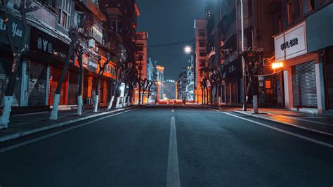 road, city, buildings, street, night, 4k HD Wallpaper