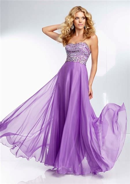 Flowing Strapless Long Lavender Purple Chiffon Beaded Crystal Prom Dress